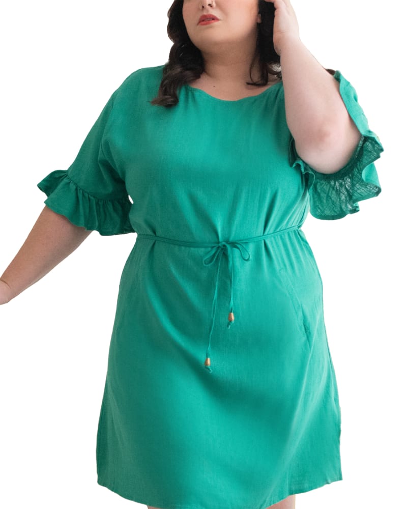 Front of a model wearing a size XL Myriam Dress Belted Shift Linen Blend Solid in Green by ANNICK. | dia_product_style_image_id:282082